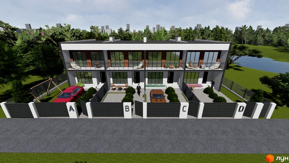 Таунхаус „Озеро“: чотирисекційний будинок з великими вікнами та балконами. Прибудинкова територія має вимощені дворики з озелененням.