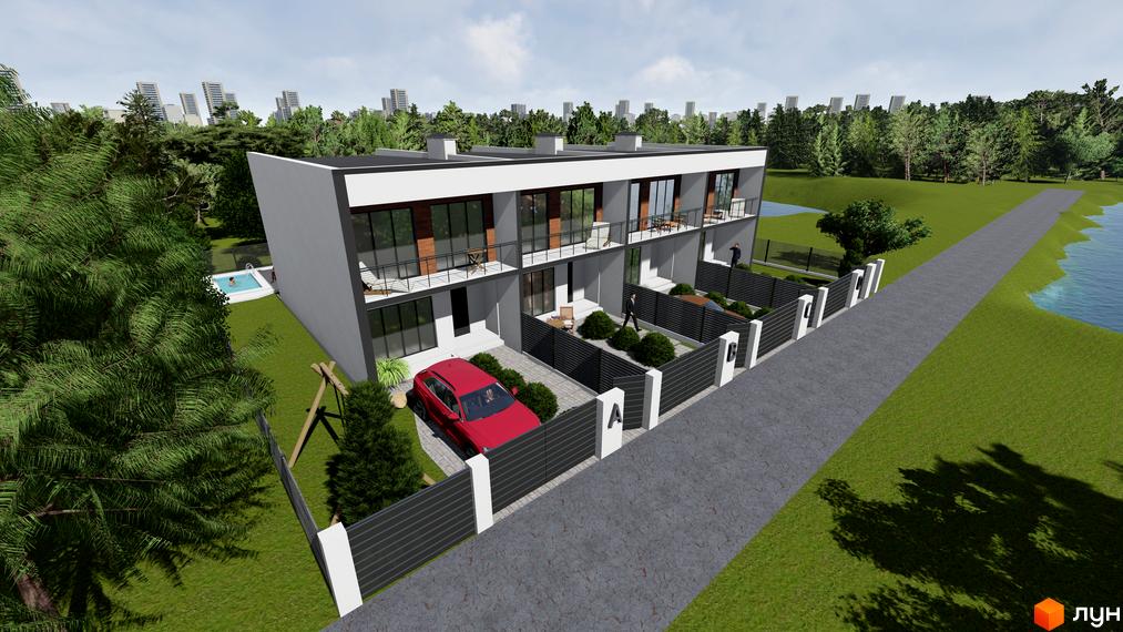 Зображення таунхаусу «Озеро». Двоповерховий будинок з балконами та терасами, перед будинком парковка, поруч басейн та зелена зона.