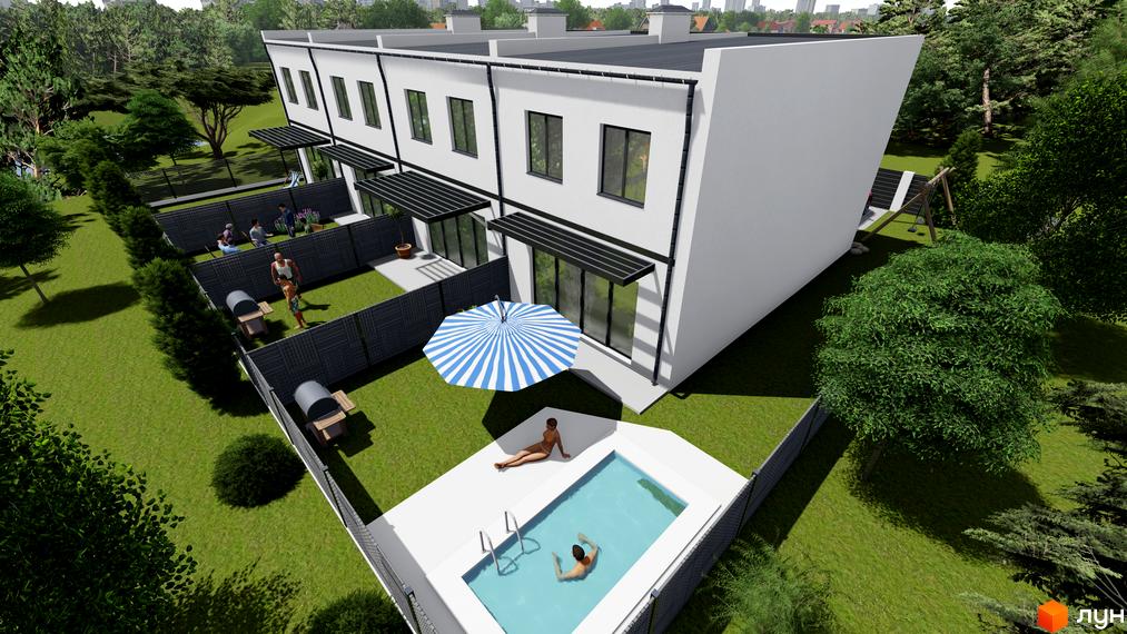 Зображення Таунхаус „Озеро“: ряд білих таунхаусів з темними вікнами та плоскими дахами. Приватні дворики з басейнами, зонами для барбекю та відпочинку.