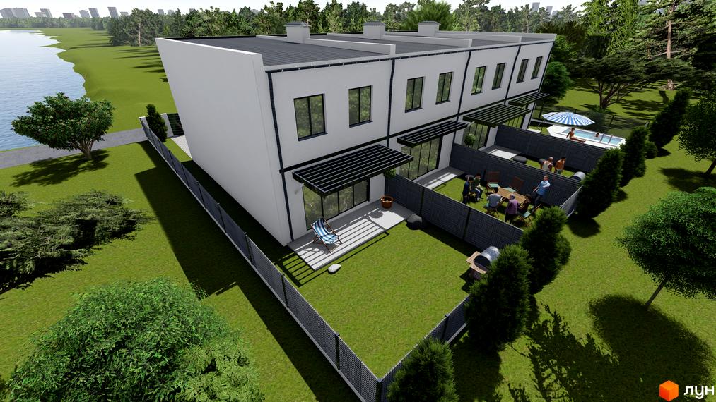 Таунхаус „Озеро“: ряд білих двоповерхових будинків з темними дахами та вікнами. Приватні двори з газоном, терасами, зоною для барбекю та басейном, поруч озеро.