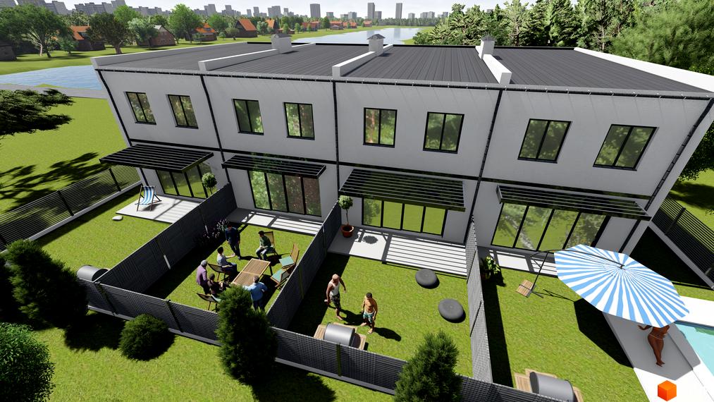 Зображення сторінки житлового комплексу Таунхаус „Озеро“. Триповерхові будинки з панорамними вікнами та терасами, облаштована прибудинкова територія з газоном, зоною відпочинку та басейном.