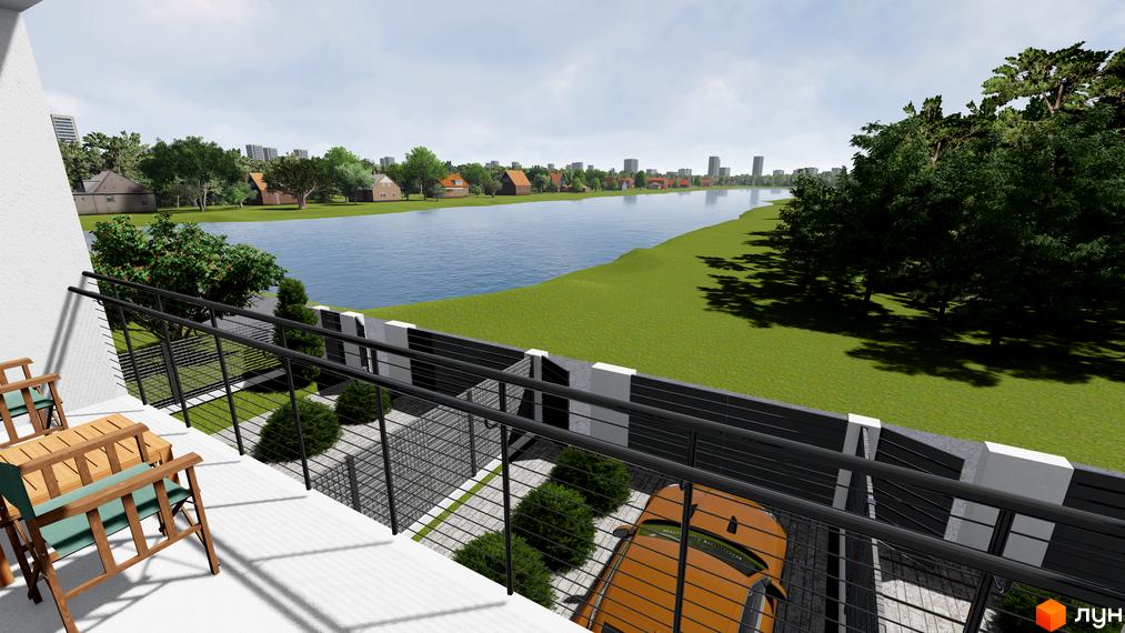 Вид на таунхаус „Озеро“ з балкону: дерев'яні меблі, зелені насадження, парковка з автомобілем, річка та будинки на фоні.