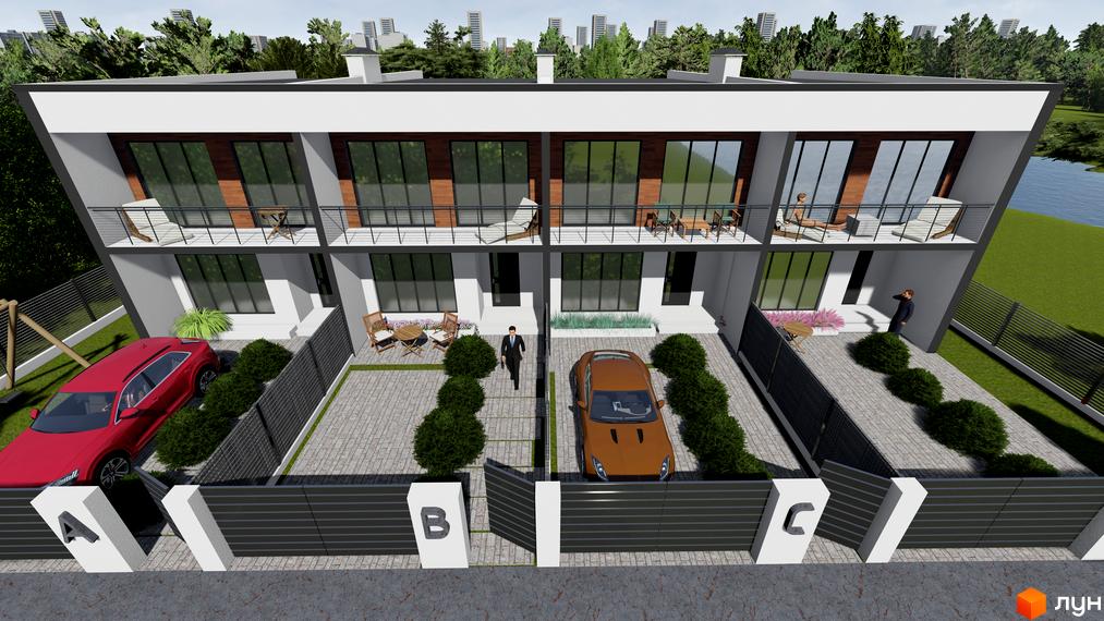 Таунхаус „Озеро“: світлі будинки з панорамними вікнами та балконами, огороджена територія з парковкою та зеленими насадженнями.