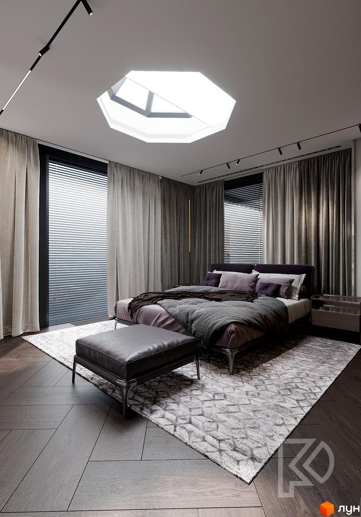 Сучасна спальня в клубному будинку Graf з великим вікном, шторами та зручним ліжком. Дизайн інтер'єру в сірих тонах.