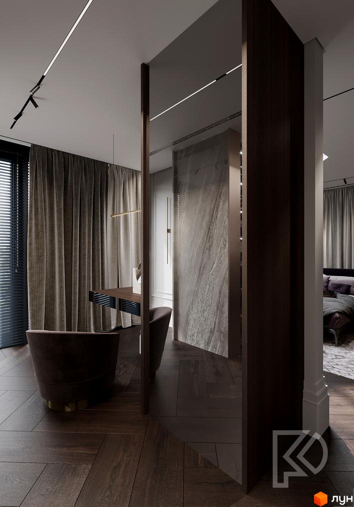 Інтер'єр спальні в клубному будинку Graf з акцентом на темні тони та натуральні матеріали. Сучасний дизайн та функціональне зонування простору.