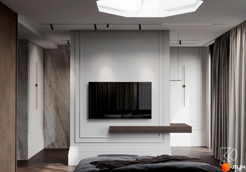 Інтер'єр спальні в клубному будинку Graf з телевізором на стіні та дизайнерськими світильниками. Сучасний дизайн та комфорт для вашого життя.