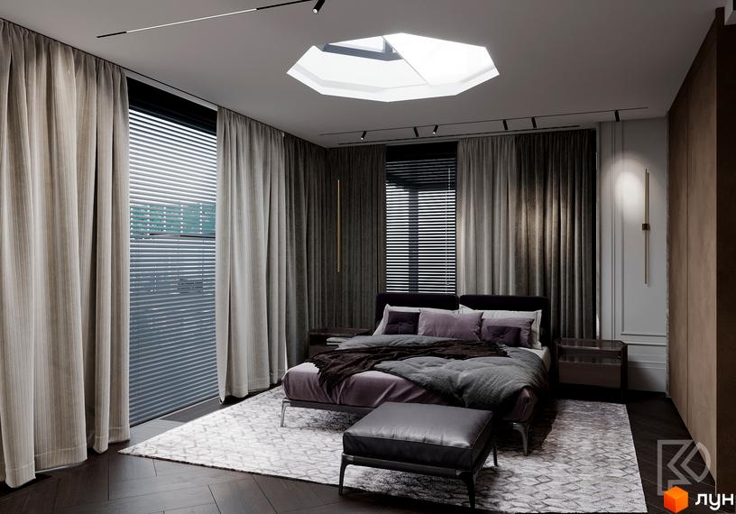 Спальня в клубному будинку Graf з великим вікном, шторами та сучасною люстрою на стелі. Дизайн інтер'єру спальні з ліжком та килимом.