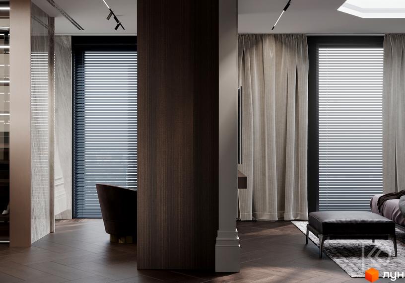 Інтер'єр квартири в клубному будинку Graf з темними дерев'яними акцентами та світлими шторами. Просторий зал з великими вікнами та зручними меблями.