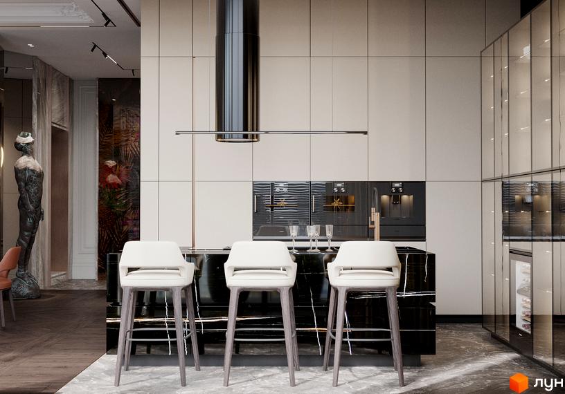 Сучасна кухня-вітальня з барною стійкою та білими шкіряними стільцями. Клубний будинок Graf – це комфортне життя у вишуканому інтер'єрі.