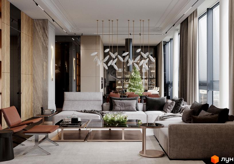 Інтер'єр вітальні клубного будинку Graf з диваном, кавовими столиками та декором. Сучасний дизайн та функціональне планування.