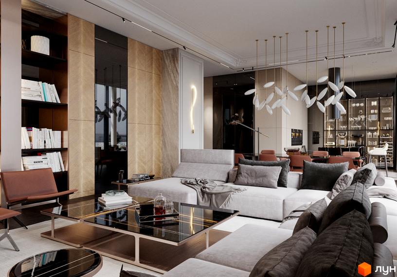 Інтер'єр вітальні в клубному будинку Graf. Простора вітальня з великим диваном, журнальним столиком та книжковою шафою.