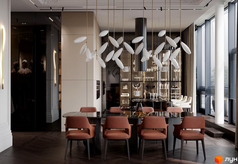 Інтер'єр їдальні в клубному будинку Graf з обіднім столом та стільцями. Сучасний дизайн приміщення з великими вікнами та елегантними світильниками.