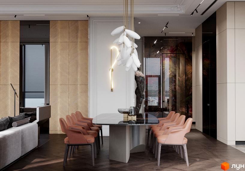 Інтер'єр їдальні в клубному будинку Graf з дизайнерськими меблями та освітленням. Сучасний дизайн інтер'єру для комфортного життя.