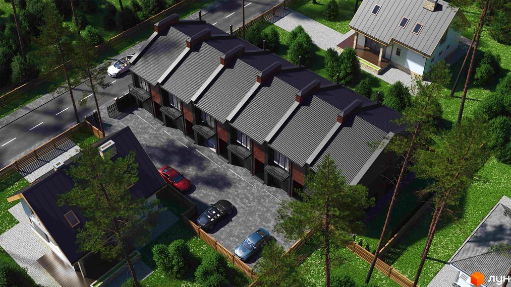 Таунхауси Позітано Центр з сірими дахами та цегляними фасадами, розташовані на доглянутій прибудинковій території з деревами та доріжками.