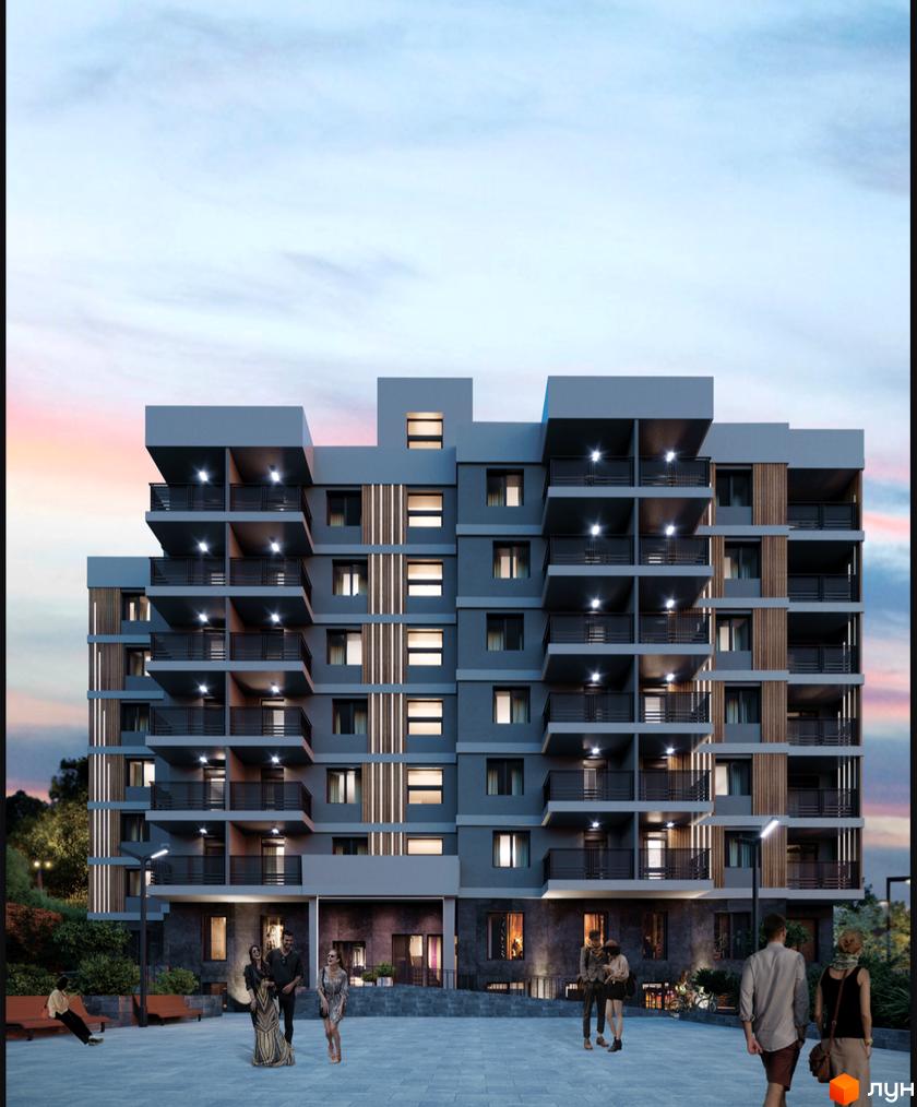 Комплекс Fastiv City з балконами та вікнами, що світяться, на тлі вечірнього неба. На передньому плані люди гуляють біля будинку.