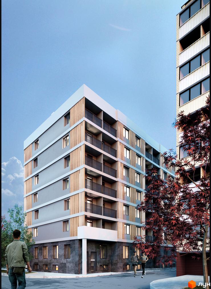 Новобудова Fastiv City з сірими фасадами, дерев'яними елементами та балконами, на тлі блакитного неба. На прибудинковій території видно дерева та людей, що біжать.