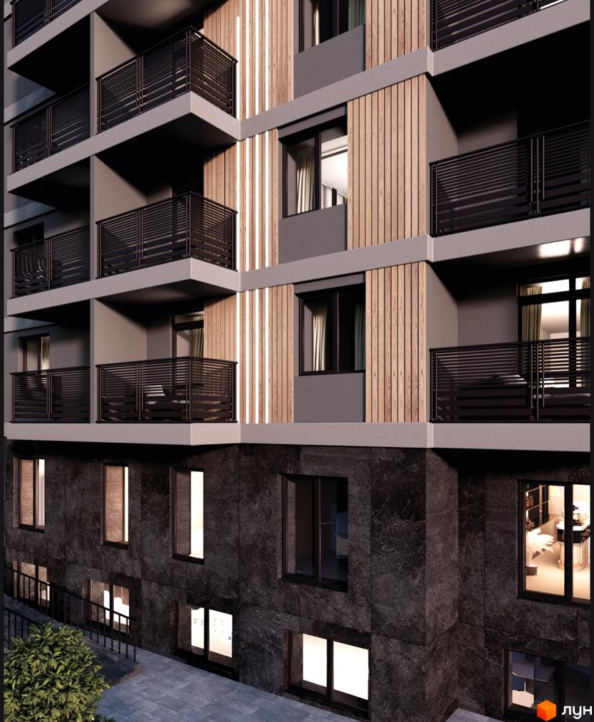 Фасад житлового комплексу Fastiv City з балконами та дерев'яними елементами. Прибудинкова територія з освітленням та зеленими насадженнями.