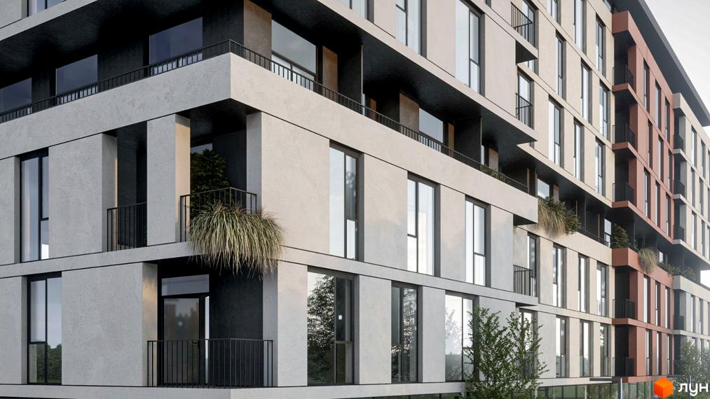 Зовнішній вигляд житлового комплексу Prestige Hall з бетонними фасадами, великими вікнами та балконами. На прибудинковій території видно зелені насадження.