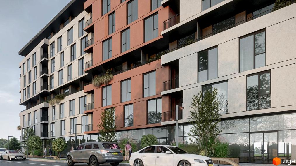 Фасад житлового комплексу Prestige Hall з вікнами та балконами. Біля будинку розташовані дерева та автомобілі.