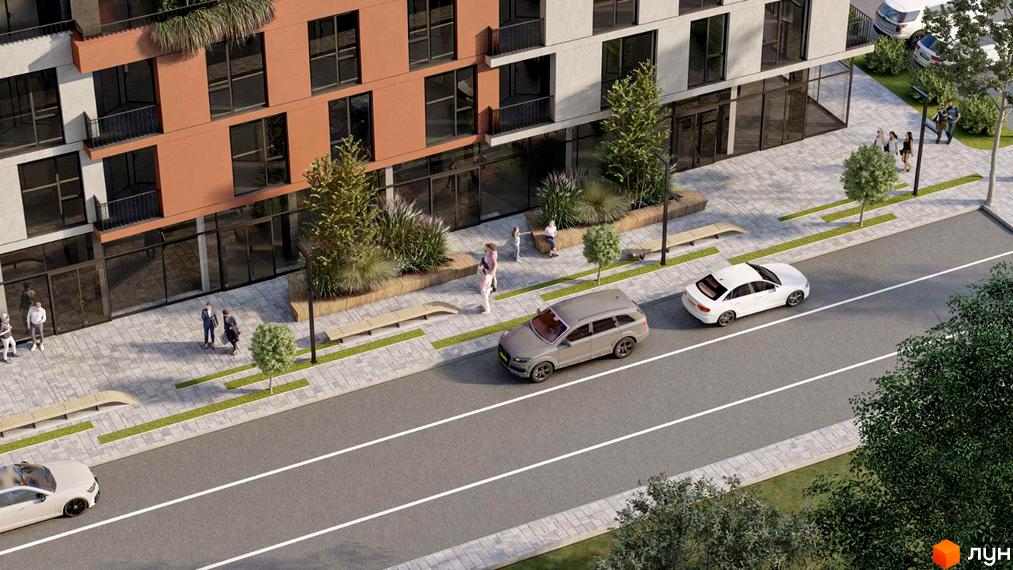 Житловий комплекс Prestige Hall з фасадами з керамограніту та панорамними вікнами. На прибудинковій території розташовані лави, дерева та пішохідні доріжки.