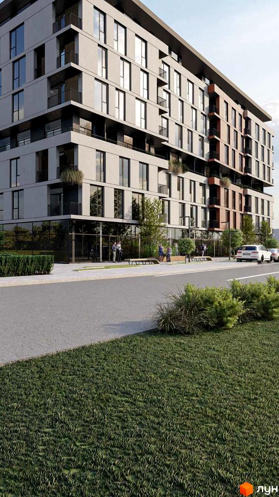 Зовнішній вигляд новобудови ЖК Prestige Hall з великими вікнами та балконами. Прибудинкова територія з зеленими насадженнями та місцями для відпочинку.