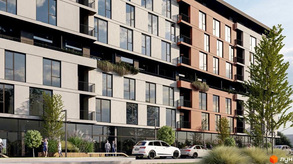 Житловий комплекс Prestige Hall з фасадами світло-бежевого та теракотового кольорів, великими вікнами та балконами. Перед комплексом розташована зелена зона з деревами та кущами.