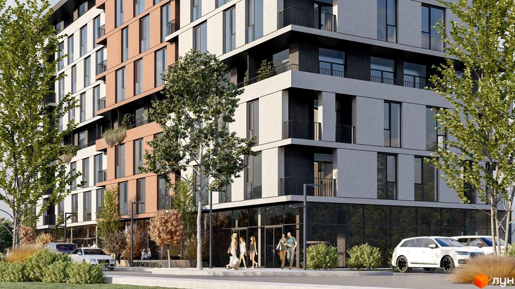 Зовнішній вигляд новобудови Prestige Hall з елементами бежевого та сірого кольорів, великими вікнами та балконами. Прибудинкова територія з деревами, кущами та автомобілями.