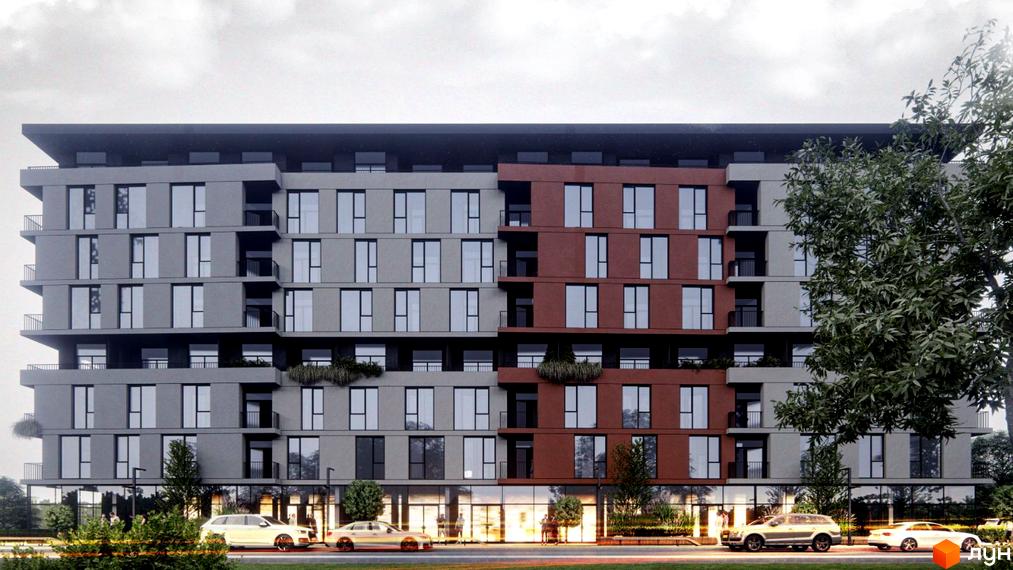 Фасад житлового комплексу Prestige Hall з сірими та бордовими елементами, великими вікнами та балконами. На передньому плані автомобілі та зелені насадження.