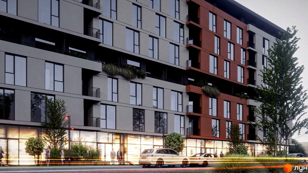 Новобудова Prestige Hall з цегляним фасадом та великими вікнами. Навколо будинку зелені насадження та міська вулиця з автомобілями.