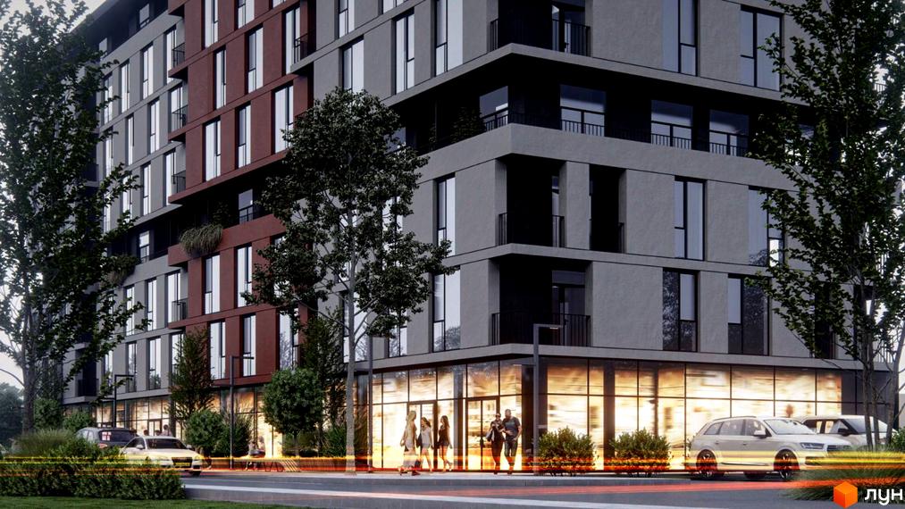 Зовнішній вигляд житлового комплексу Prestige Hall з фасадами сірого та бордового кольорів, великими вікнами та балконами. Навколо будинку зелені дерева та прибудинкова територія.