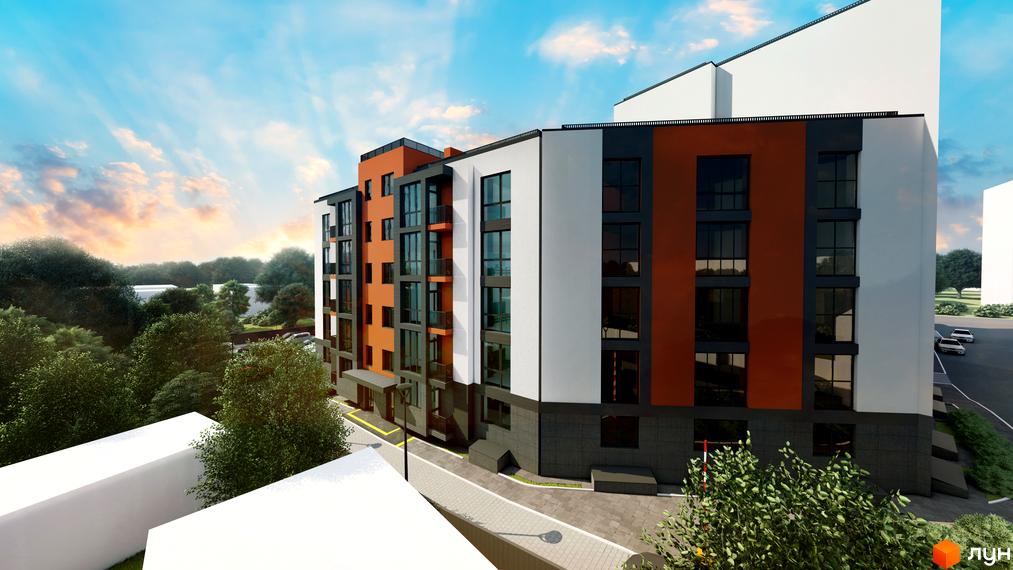 Зовнішній вигляд житлового комплексу Флагман з фасадами білого, сірого та оранжевого кольорів. Навколо комплексу зелені насадження та облаштована прибудинкова територія.