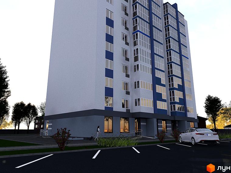 Зовнішній вигляд новобудови ЖК Diamond Hall New з сірими та синіми фасадами, скляними балконами та прибудинковою територією з парковкою та зеленими насадженнями.