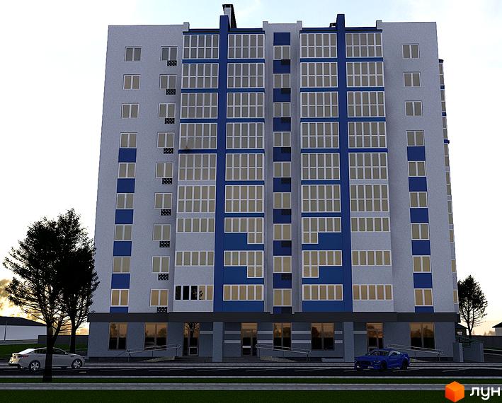 Зовнішній вигляд житлового комплексу Diamond Hall New з блакитними та сірими фасадами, великою кількістю вікон та прибудинковою територією з деревами та автомобілями.