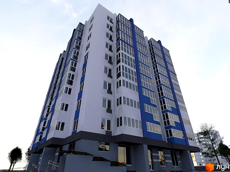 Зовнішній вигляд житлового комплексу Diamond Hall New з блакитними та сірими фасадами, великими вікнами та прибудинковою територією з деревами.