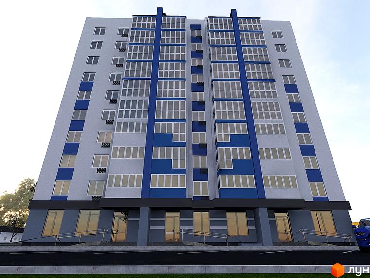 Зовнішній вигляд новобудови ЖК Diamond Hall New з синіми та сірими фасадами, великою кількістю вікон та скляних балконів. Перед будинком розташована прибудинкова територія з пандусами та входами.