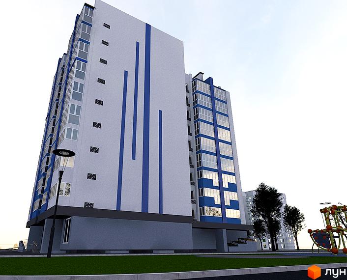 Зовнішній вигляд житлового комплексу Diamond Hall New з блакитними елементами на фасаді та прибудинковою територією з дитячим майданчиком.