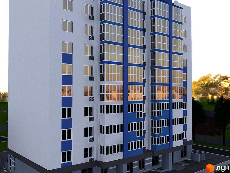 Зовнішній вигляд ЖК Diamond Hall New з сірими та синіми фасадами, великими вікнами та балконами. Навколо видно зелені дерева та ділянку забудови.