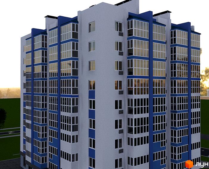 Зовнішній вигляд новобудови ЖК Diamond Hall New з великою кількістю скління та синіми елементами фасаду. Навколо будинку зелена територія.