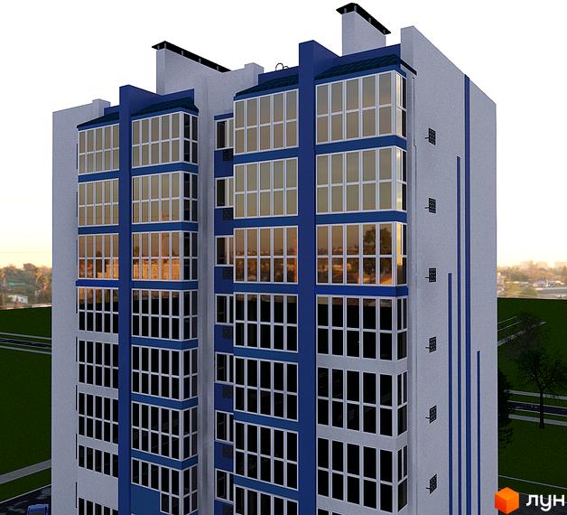 Зовнішній вигляд новобудови ЖК Diamond Hall New з блакитними елементами та великими вікнами. Навколо зелена територія та міський пейзаж.