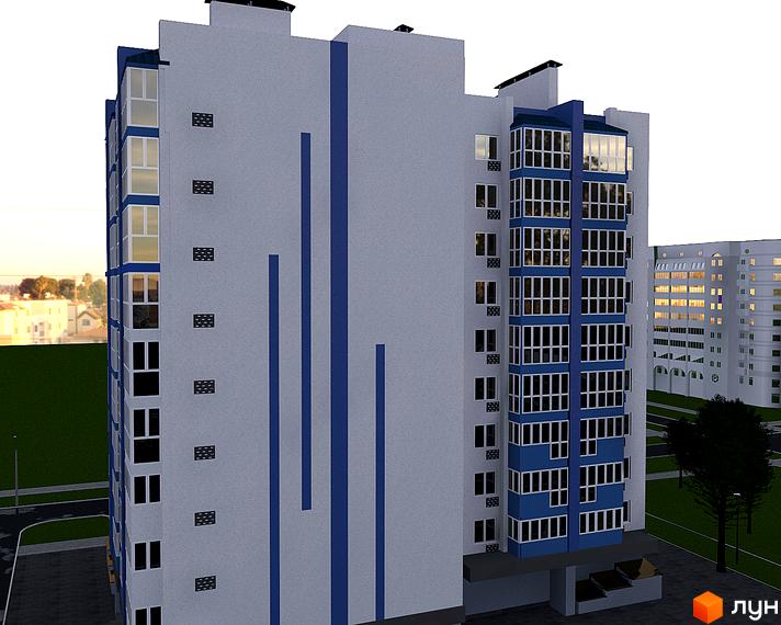 Зовнішній вигляд новобудови ЖК Diamond Hall New з блакитними вертикальними смугами та скляними балконами. Навколо будівлі зелена територія та сусідні будинки.