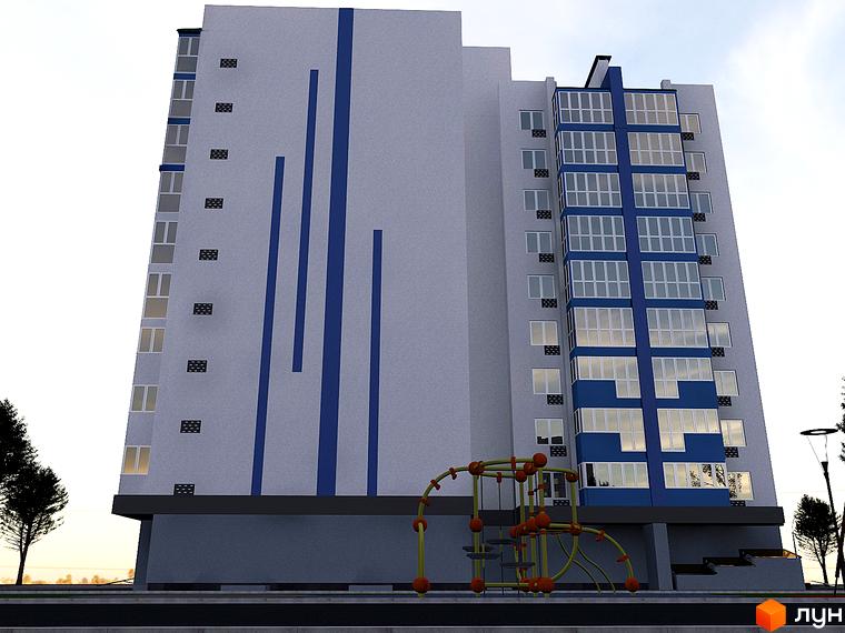 Зовнішній вигляд новобудови ЖК Diamond Hall New з блакитними вертикальними елементами та скляним фасадом. Поруч дитячий майданчик.