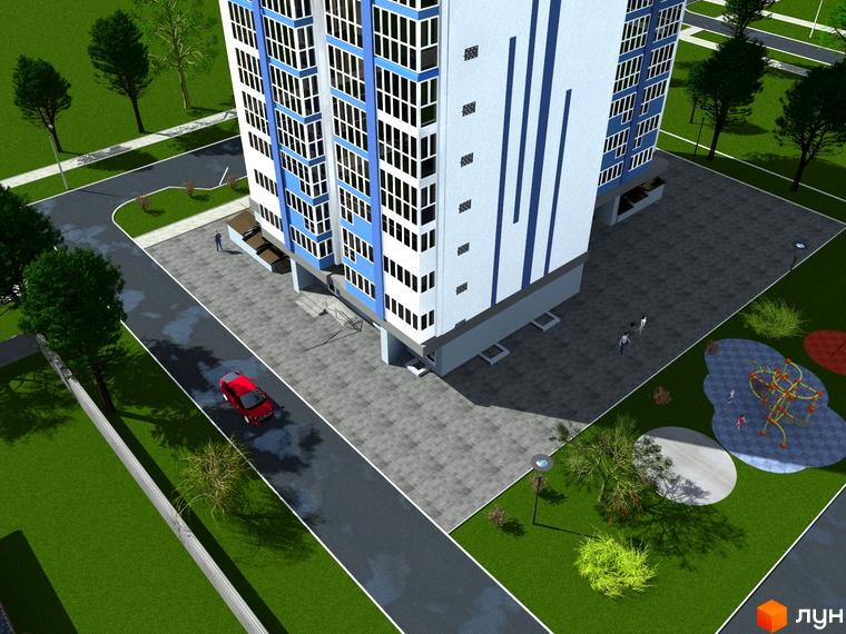 Житловий комплекс Diamond Hall New з біло-синім фасадом та великою кількістю вікон. На прибудинковій території розташований дитячий майданчик та зелені насадження.