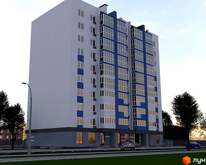 Зовнішній вигляд новобудови ЖК Diamond Hall New з блакитними елементами та скляними балконами. Перед будинком розташована прибудинкова територія з деревами та дорогою.