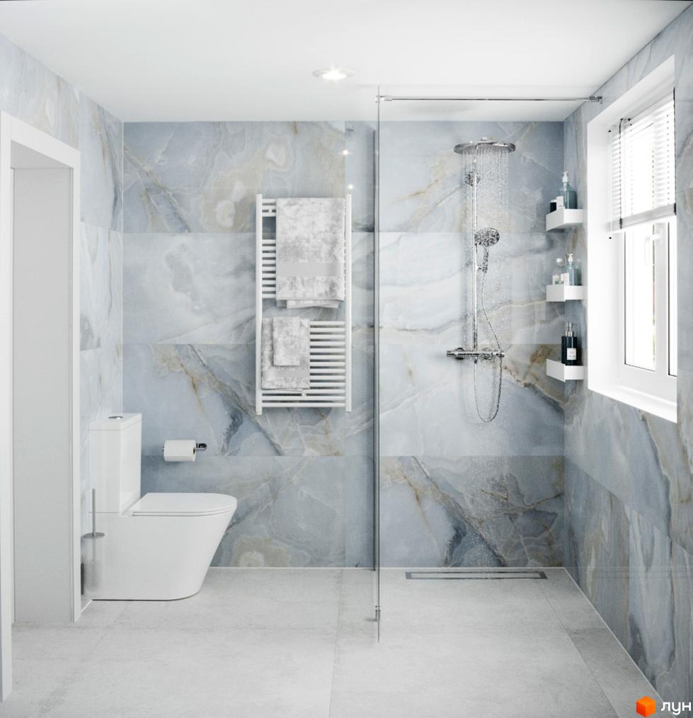 Сучасна ванна кімната з мармуровим оздобленням стін, душовою кабіною та білим унітазом. Комплекс 