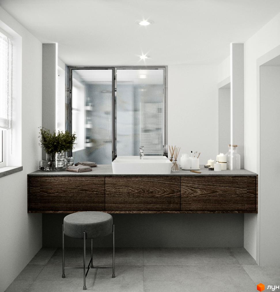 Інтер'єр ванної кімнати житлового комплексу КМ Перлина Процева з дерев'яною тумбою, білою раковиною та дзеркалом. Стильний дизайн для вашого комфорту.