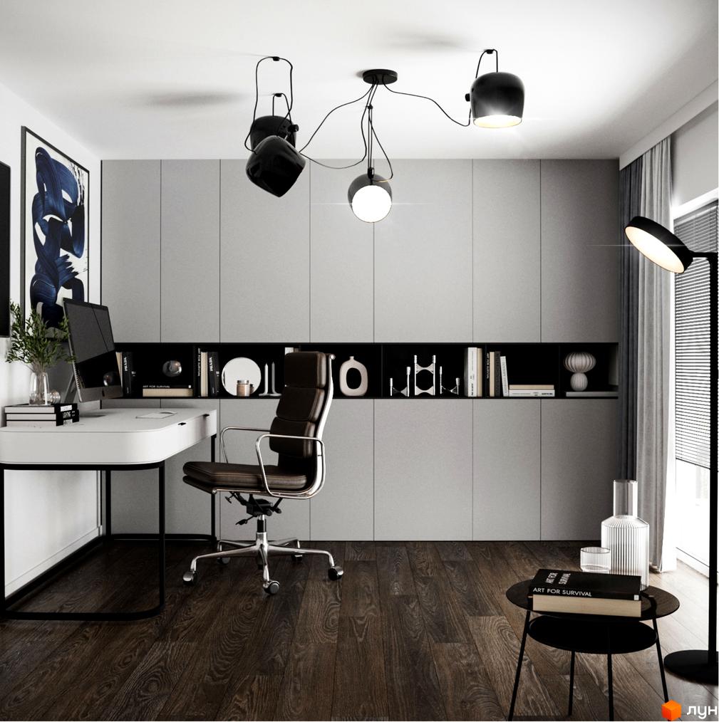 Офісний простір в Котеджне містечко Перлина Процева: письмовий стіл, ергономічне крісло, підлогова та стельова лампи.