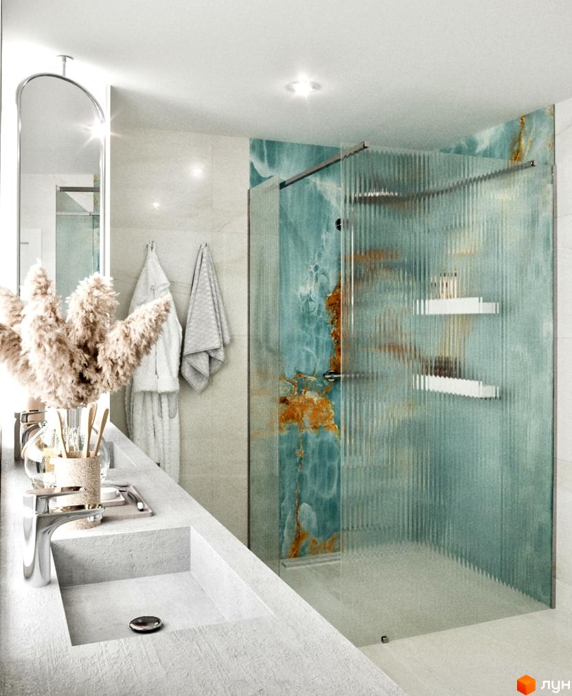 Сучасний інтер'єр ванної кімнати в ЖК Перлина Процева з душовою кабіною та мармуровою обробкою. Стильний дизайн та функціональність для вашого комфорту.