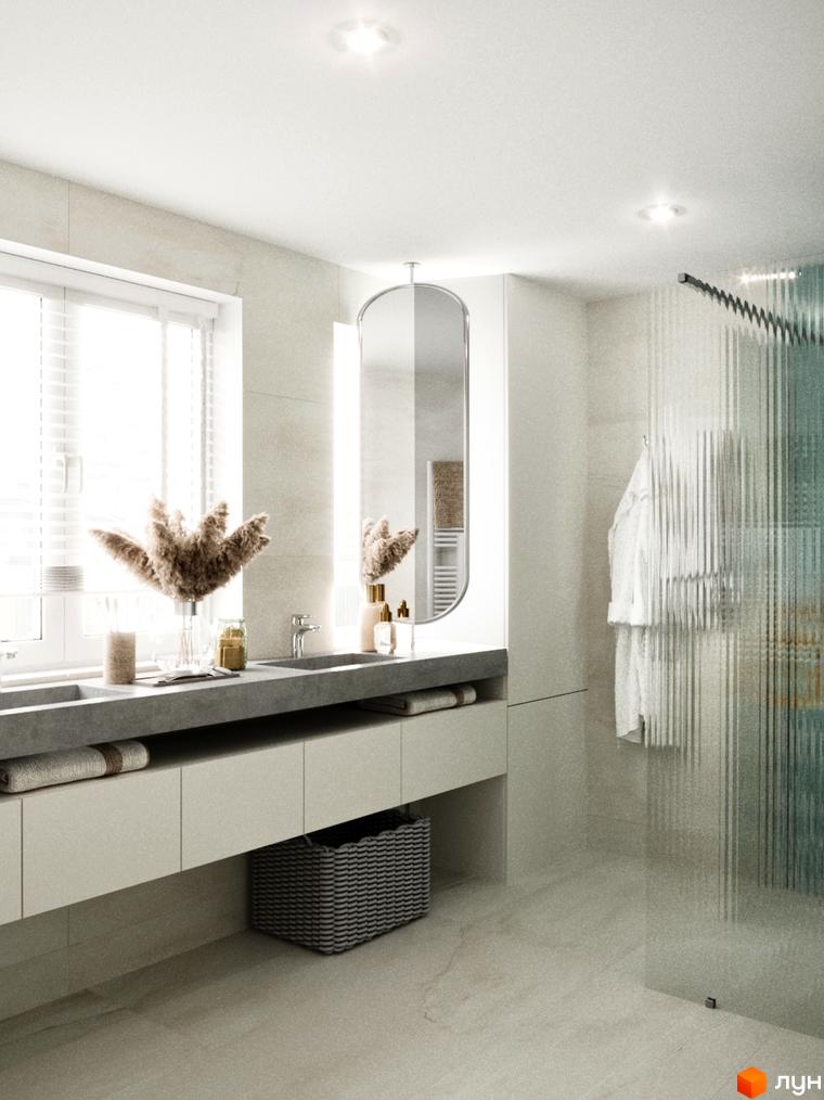 Інтер'єр ванної кімнати в КМ Перлина Процева з душовою кабіною та подвійним умивальником. Сучасний дизайн ванної кімнати.