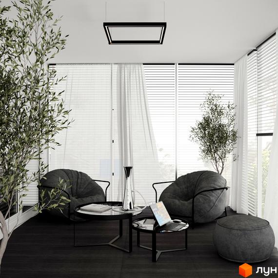 Інтер'єр квартири в КМ Перлина Процева з двома кріслами-мішками, журнальними столиками та рослинами. Сучасний дизайн та панорамні вікна.