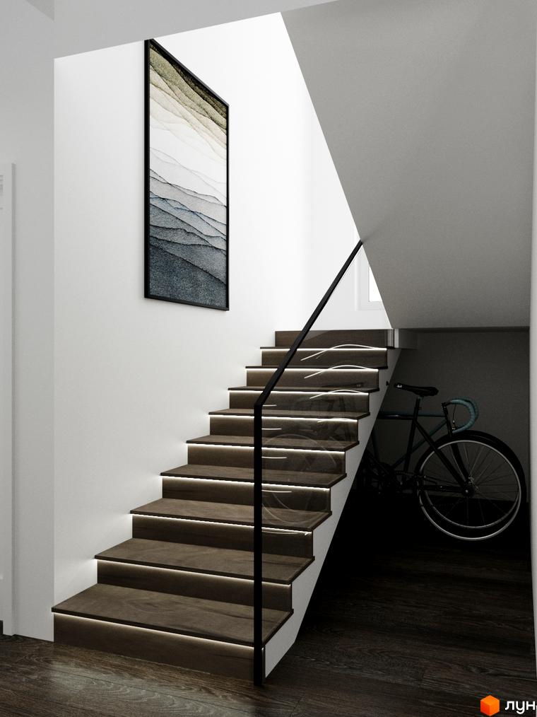 Котеджне містечко Перлина Процева: внутрішні сходи з підсвіткою та дерев'яним покриттям. Зручне планування житлових просторів.